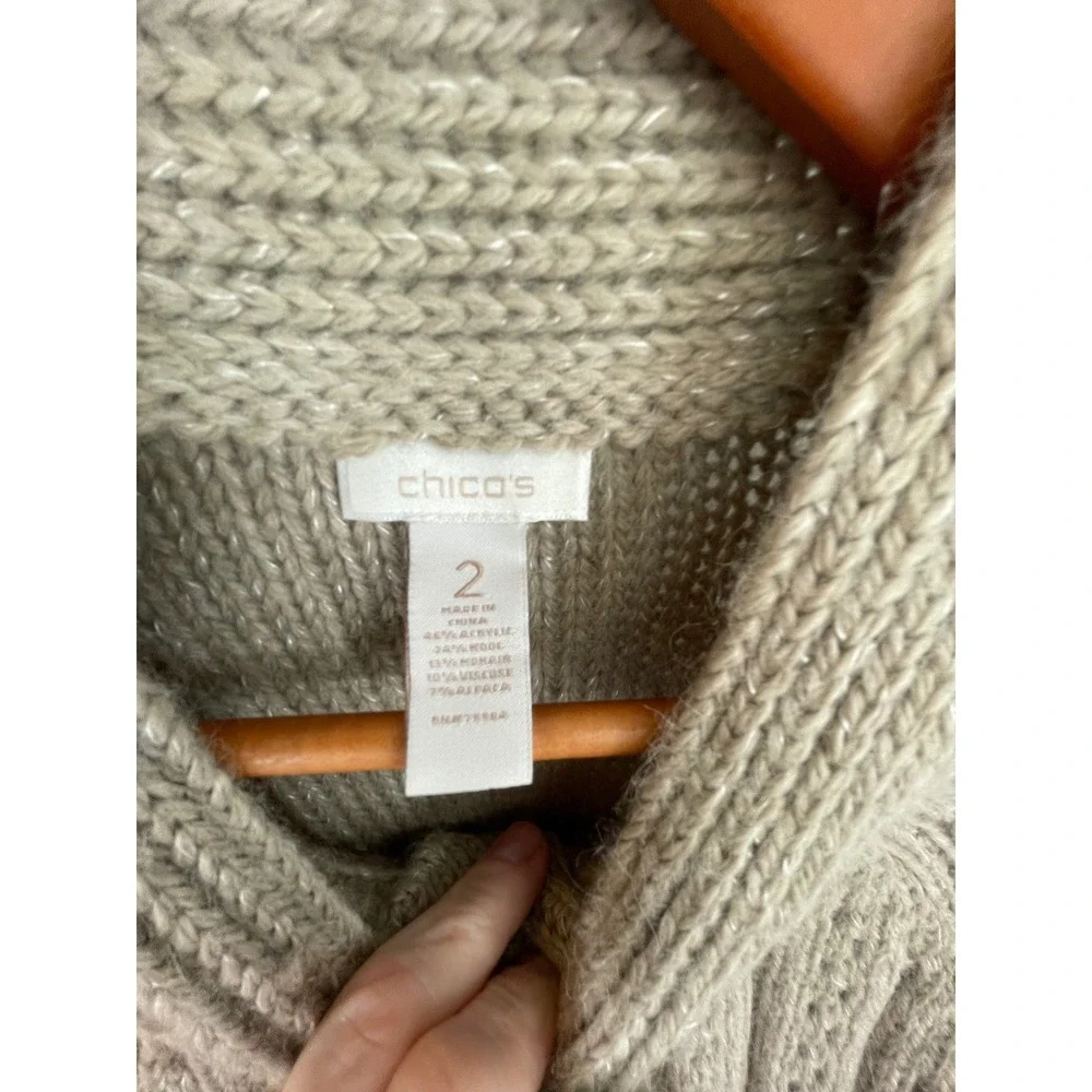 Chicos Womens Cardigan 2 M/L Sweater Beige Wool Blend Short Sleeve Mohair Wool